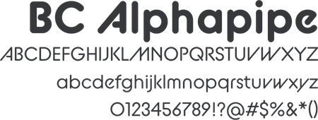 BC Alphapipe typeface specimen with uppercase and lowercase alphabets, numerals and symbols