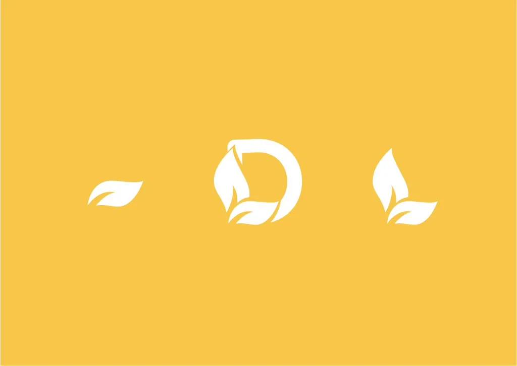 Dona Luzia logo elements in white on yellow: a single leaf, the monogram and a double leaf