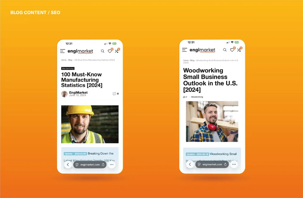 Blog content and SEO: two EngiMarket articles shown on smartphones