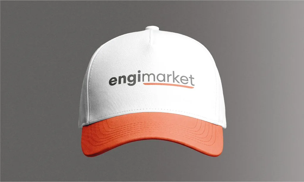 White and orange cap with the EngiMarket logo