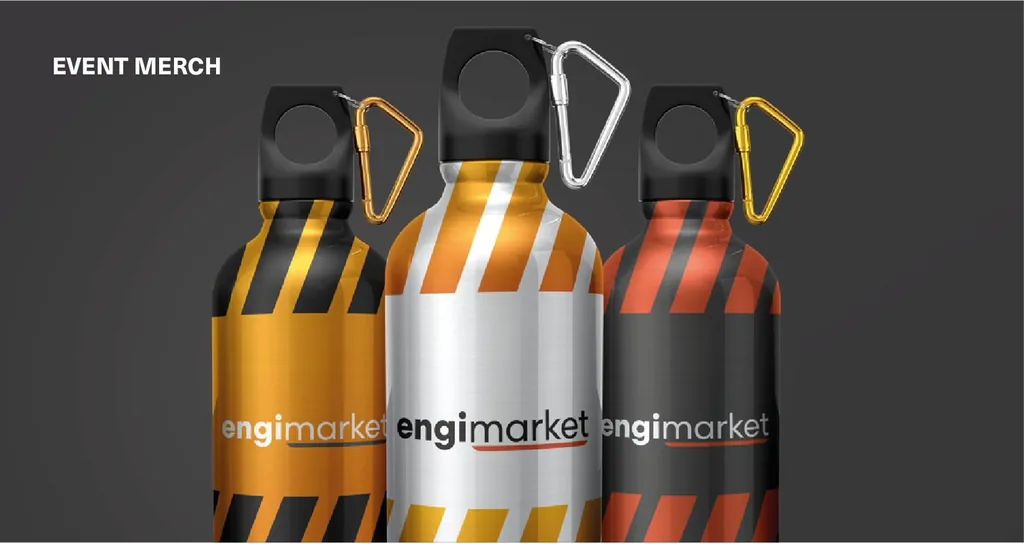 Event merch: three EngiMarket water bottles with orange and black stripes