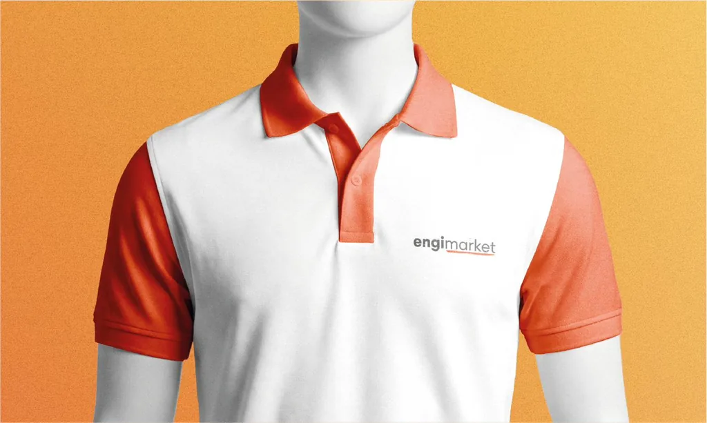White and orange polo shirt with the EngiMarket logo