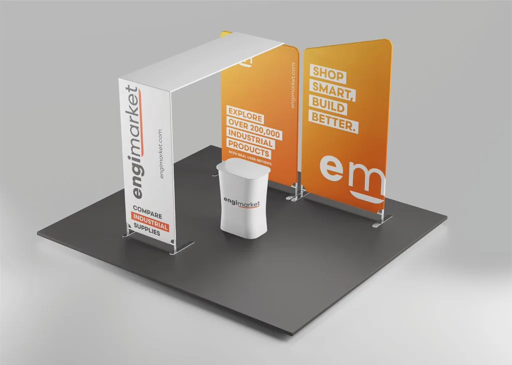 EngiMarket trade show booth with a branded orange backdrop