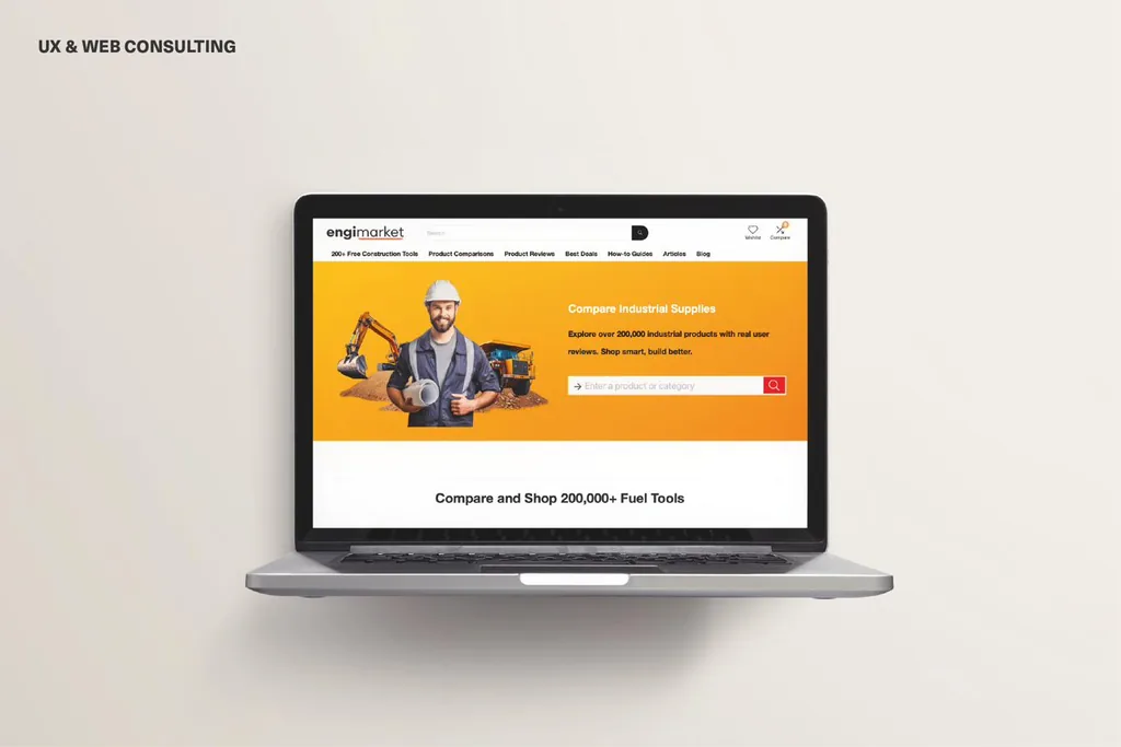 UX and web consulting: EngiMarket product comparison website on a laptop