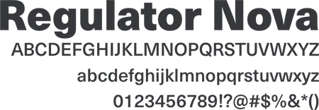 Regulator Nova typeface specimen with uppercase and lowercase alphabets, numerals and symbols