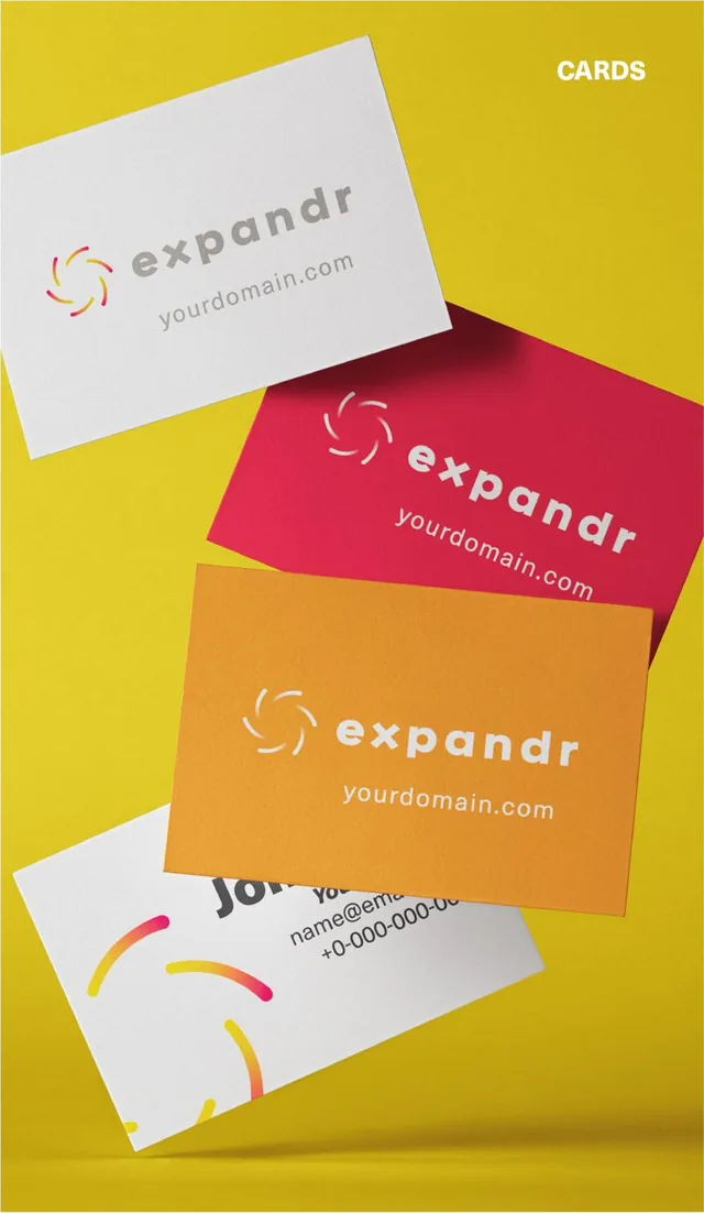 Expandr business cards in white, red and orange floating over a yellow background