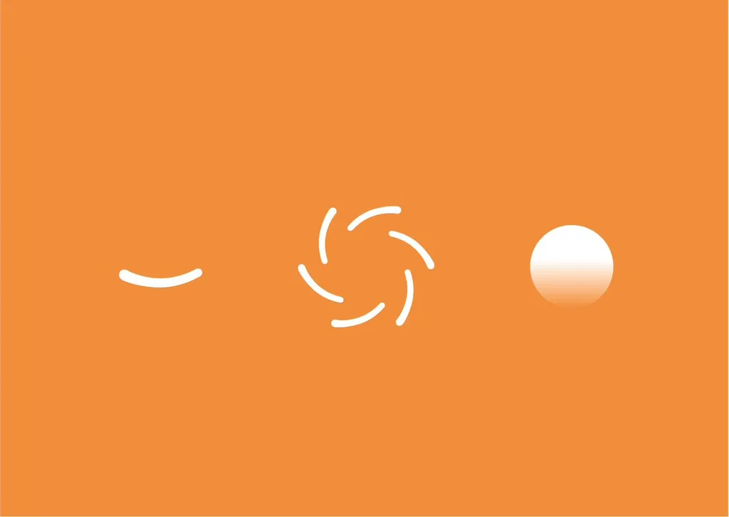 Expandr logo elements in white on orange: a single curved arc, the spiral symbol and a gradient circle