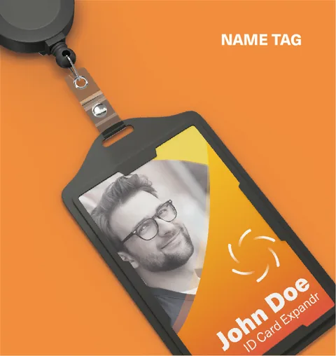 Name tag: Expandr ID card in a black holder on a retractable badge reel
