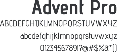 Advent Pro typeface specimen with uppercase and lowercase alphabets, numerals and symbols