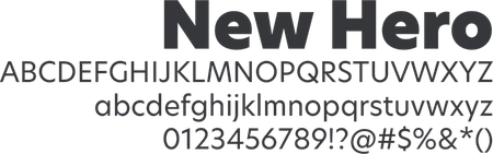 New Hero typeface specimen with uppercase and lowercase alphabets, numerals and symbols